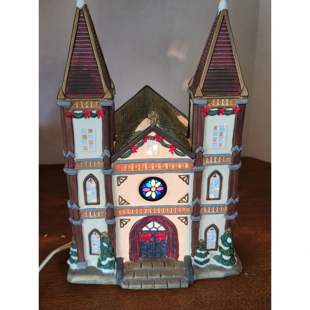 Christmas Village Lighted Church , Hand Painted Porcelain XPH-55 Galleria CR793